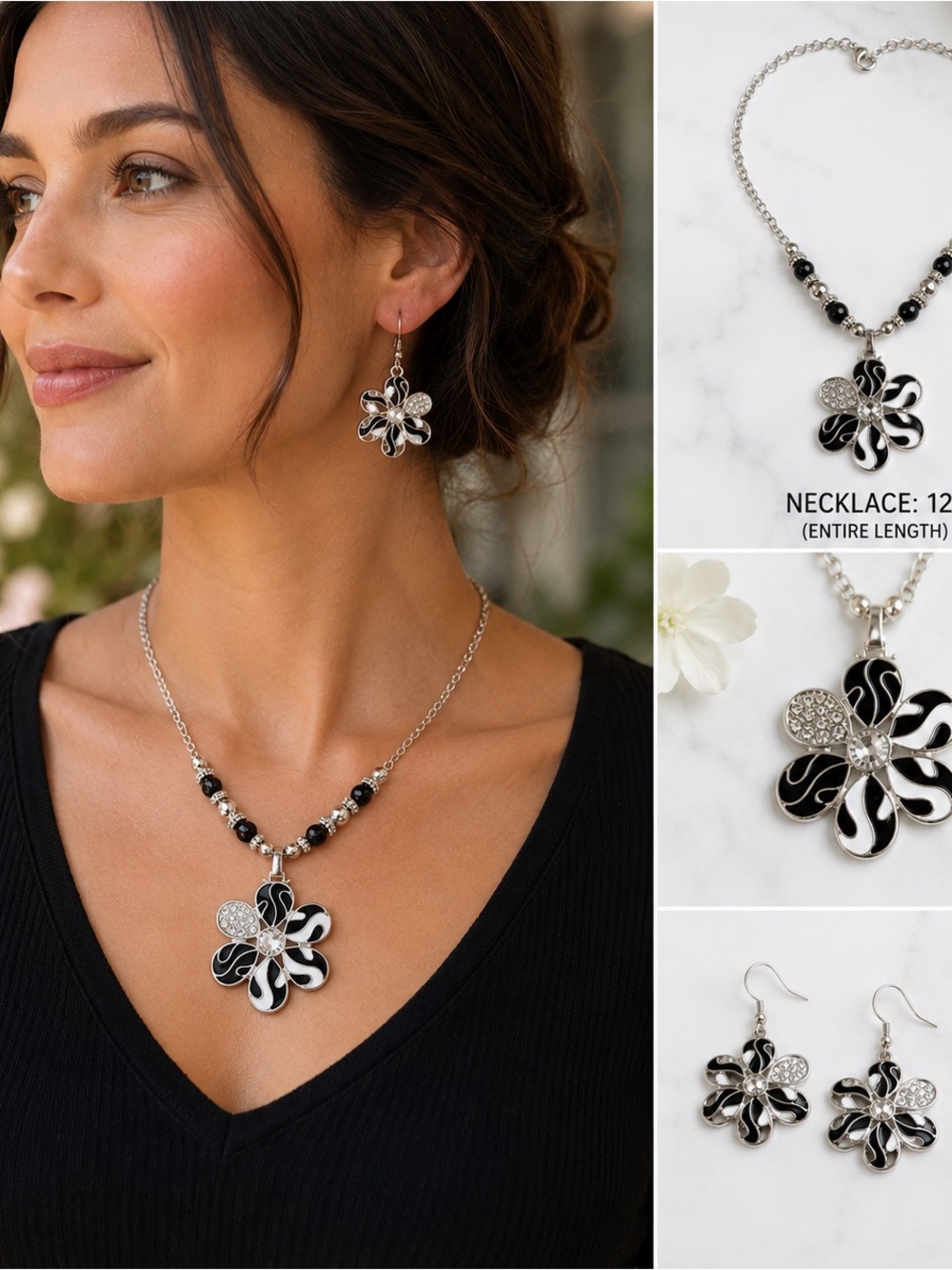 NWOT Black & White Flower Statement Necklace/Earring Set - Picture 2 of 5